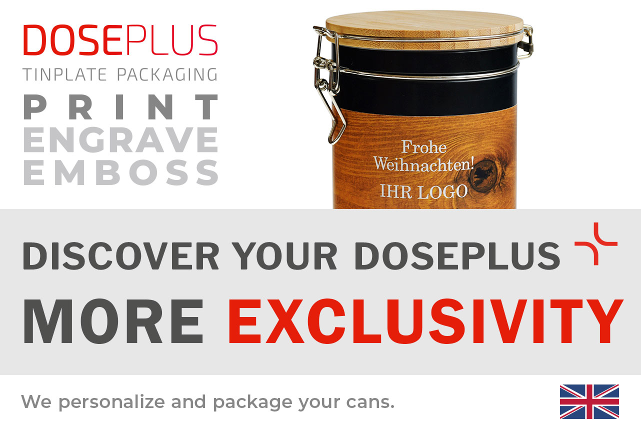 Doseplus metal container with wood-look design and bamboo lid, engraving “Merry Christmas! Your logo”. Text: “Emboss, laser, print – Discover your Doseplus, more exclusivity”.