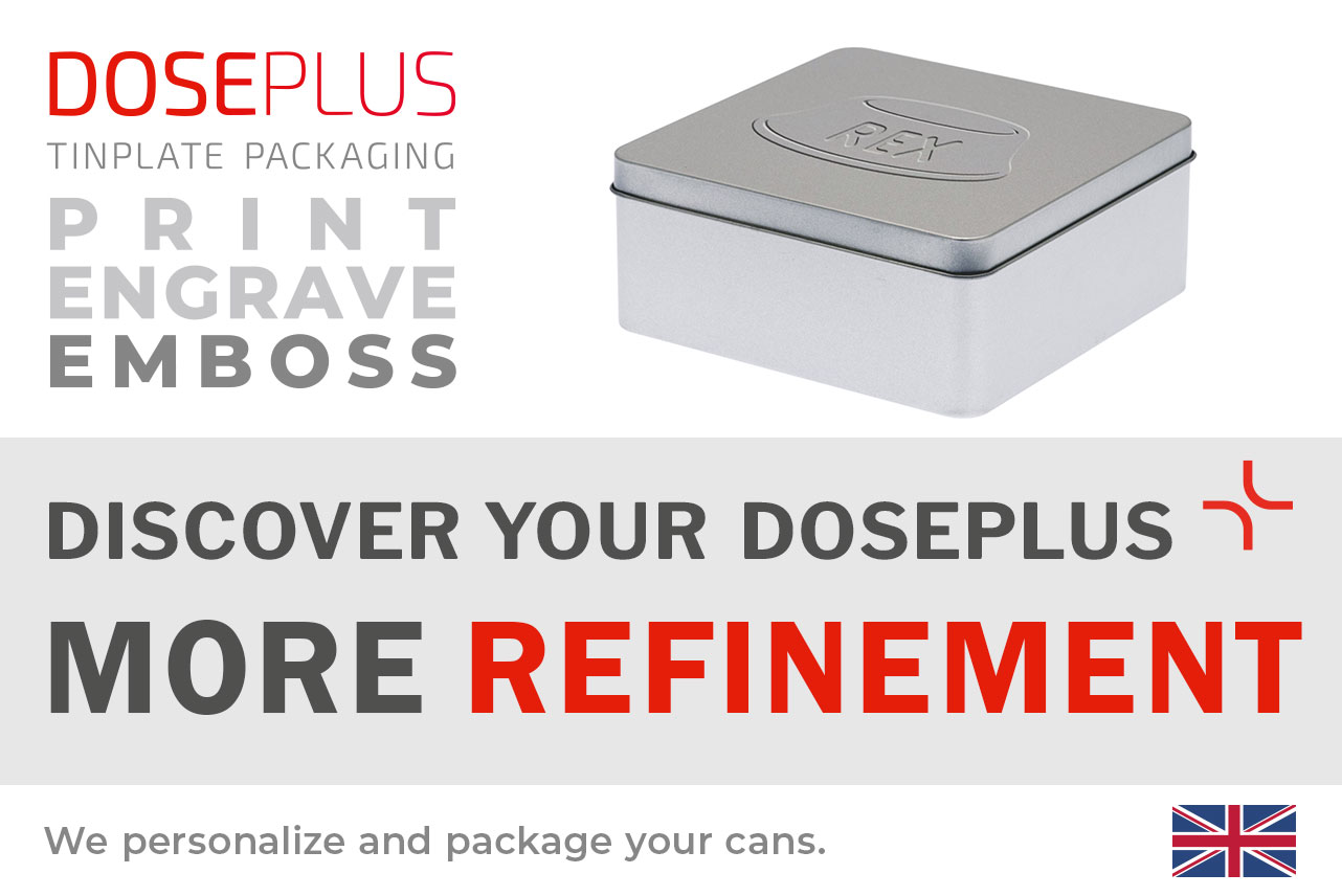 Doseplus square metal gift tin – banner text: Discover your Doseplus, more refinement. Premium tin with embossing, engraving, and printing for personalized packaging.