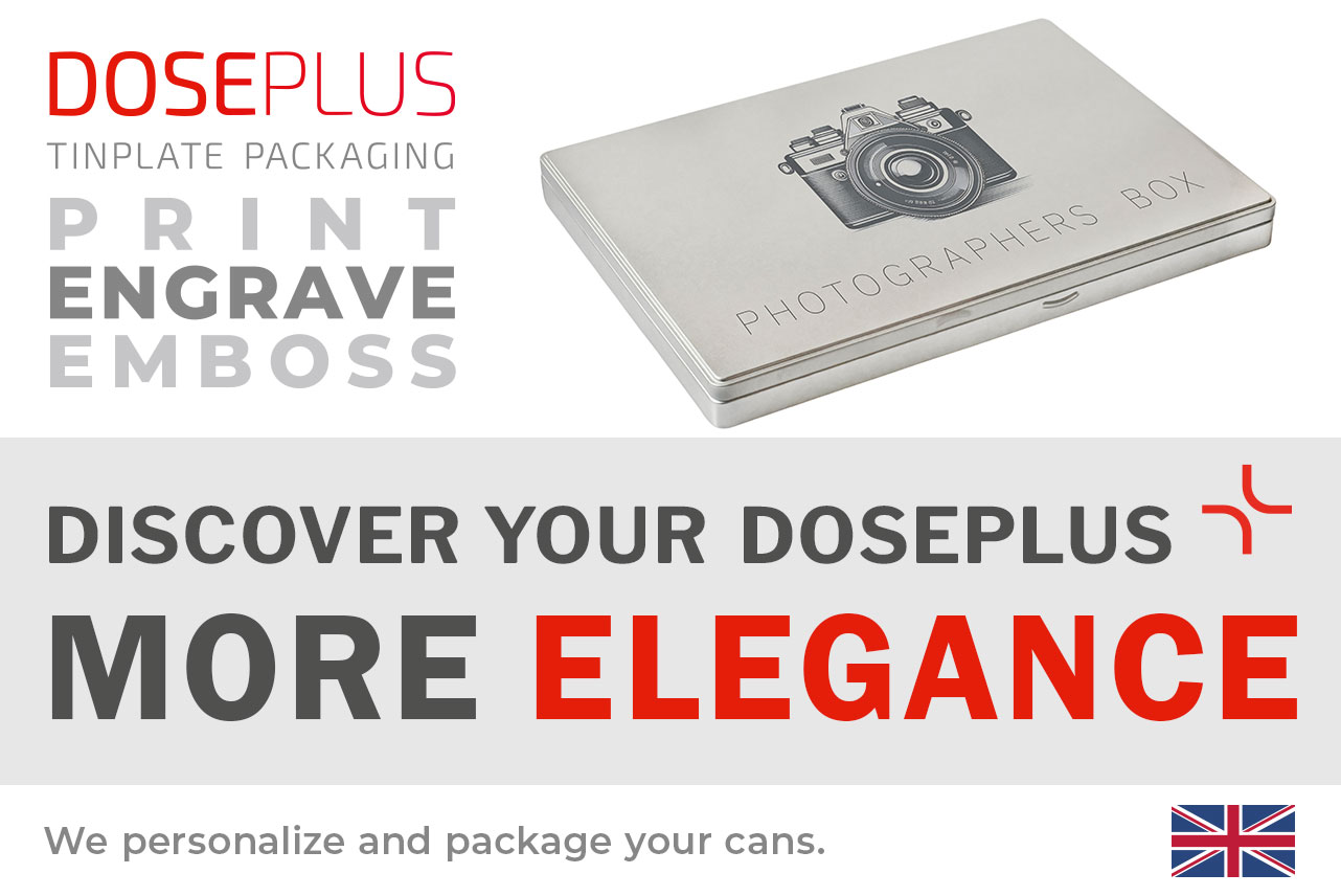 Doseplus rectangular silver metal tin with laser engraving of a camera and the inscription “Photographers Box.” Text: “Emboss, laser, print – Discover your Doseplus, more elegance.”