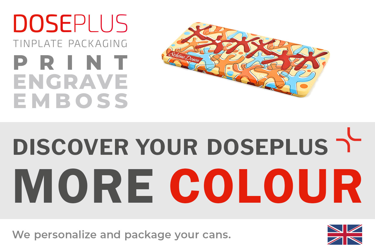 Doseplus chocolate tin CO-005 – banner text: Discover your Doseplus, more colour. Sleek flat tin for personalised chocolate packaging and premium branded gifts.
