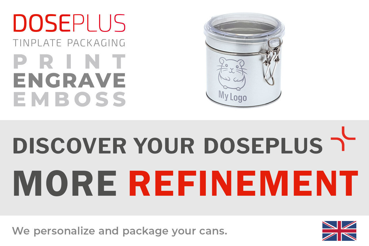 Round storage tin DSA 005 with clamp lock – Banner: Discover your Doseplus – More Refinement. Premium metal container perfect for customised branding and refined finishing.