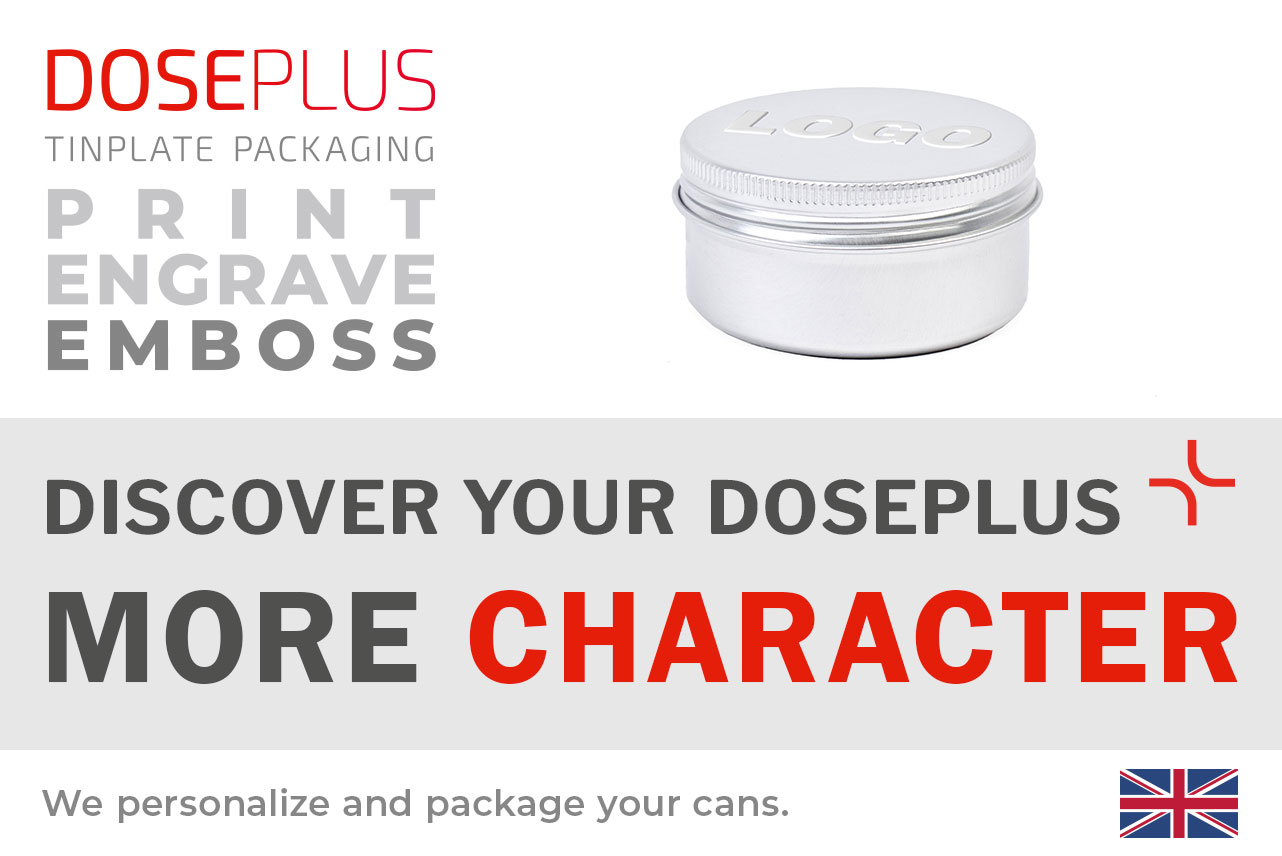 Doseplus aluminium screw-top tin – banner text: Discover your Doseplus, more character. Personalized metal packaging with embossing, laser engraving, and printing.