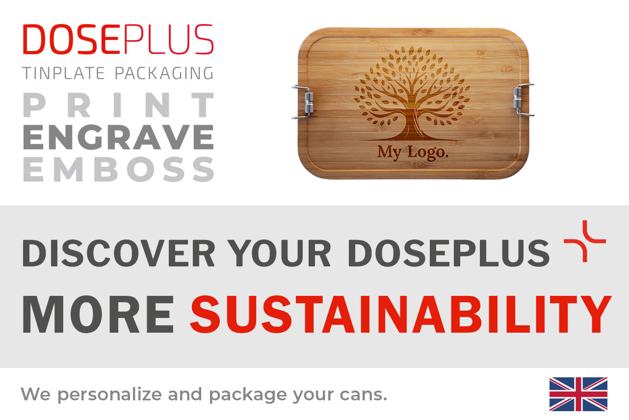 Large stainless steel lunchbox CP BA C8 with bamboo lid – Banner: Discover your Doseplus – More Sustainability. Durable premium food container suitable for custom engraving.