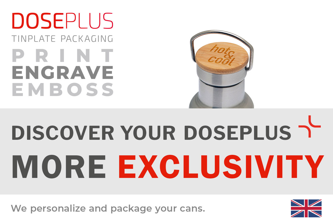 Doseplus TFL 010 stainless-steel water bottle with bamboo lid – banner text: “Discover your Doseplus – more exclusivity” plus print, engrave and emboss options. Premium customizable corporate bottle.