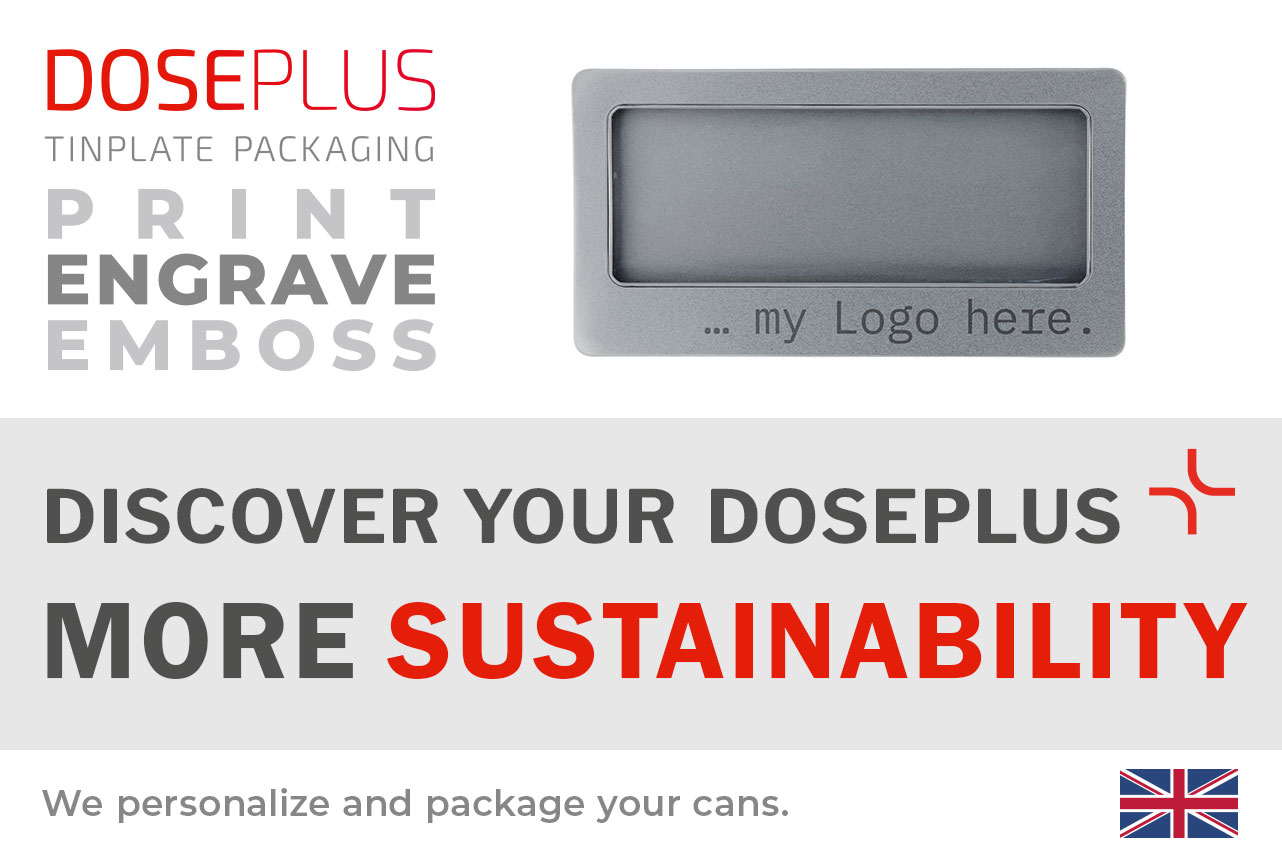 Doseplus DIN long metal tin with window – banner text: Discover your Doseplus, more sustainability. Durable engraved metal box for eco-friendly product packaging.