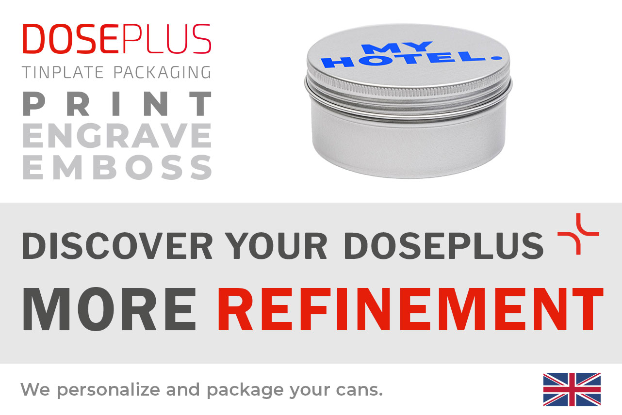 Doseplus soap tin DSS-055 round – banner text: Discover your Doseplus, more refinement. Round metal tin with drip insert for soap, cosmetics, and premium branded items.