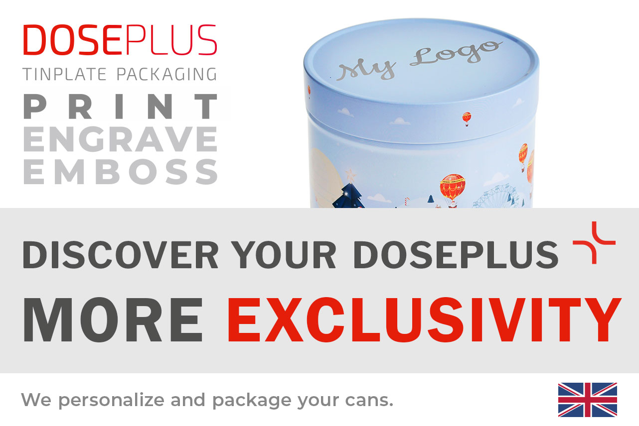 Festive winter tin WD 026 by Doseplus. Grey banner text reads: “DISCOVER YOUR DOSEPLUS – MORE EXCLUSIVITY”. Above it: “PRINT • LASER • EMBOSS”. Shows available finishing options for metal cans.