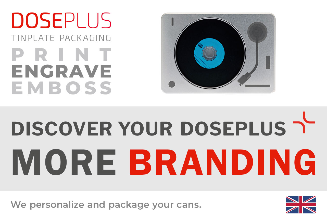 Doseplus metal DVD tin with window – banner text: Discover your Doseplus, more branding. Premium media case with engraving and printing for professional brand presentation.