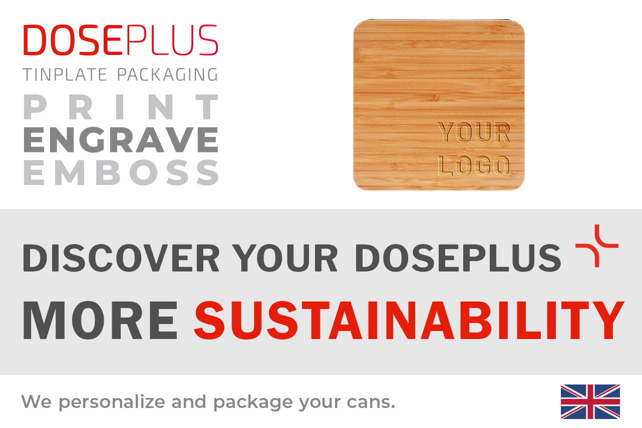 Doseplus square bamboo lid with laser engraving “Your Logo” on natural wood grain. Text: “Emboss, laser, print – Discover your Doseplus, more sustainability.”