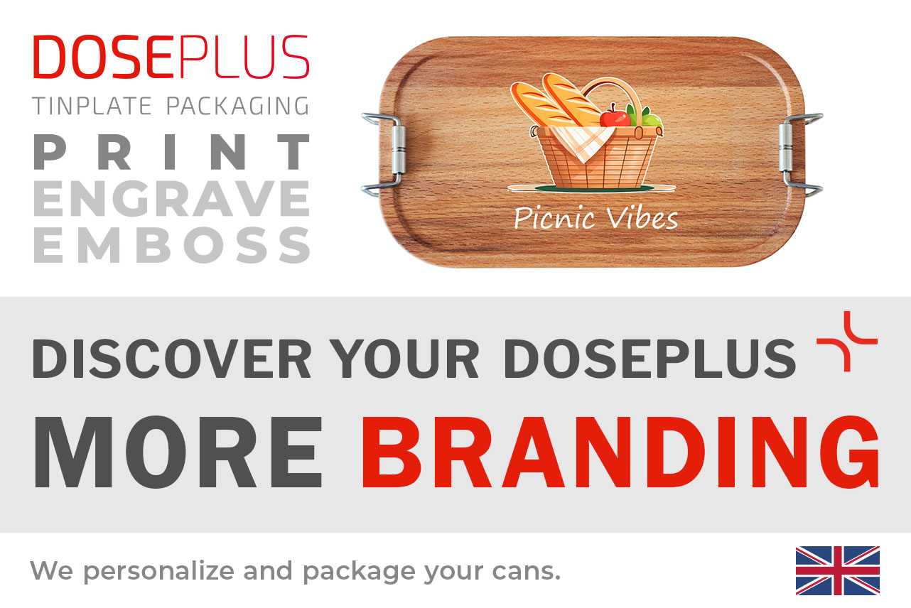 Stainless steel lunchbox CP BU C6 with bamboo lid – Banner: Discover your Doseplus – More Branding. Premium metal lunchbox ideal for custom engraving and branding.