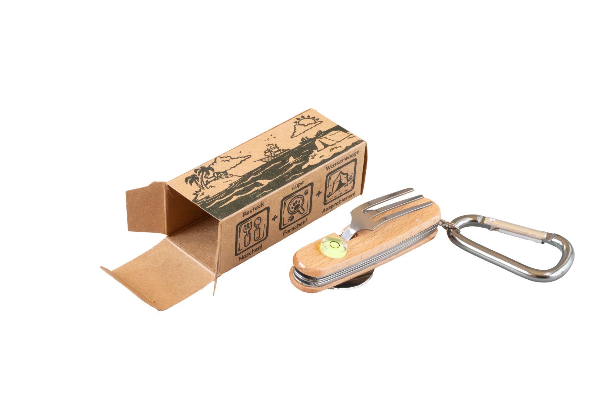Kinder-Outdoor-Besteck mit Karabiner neben geöffneter Geschenkverpackung