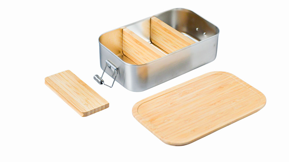 Eingesetzter Bambus-Trennsteg in Edelstahl-Lunchbox, Bento-Option für Snacks und Mahlzeiten