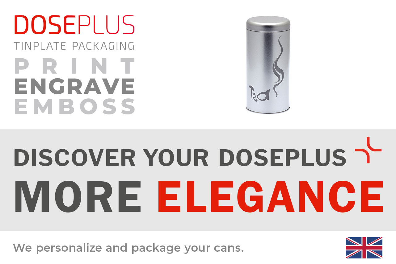 Doseplus round metal tea tin – banner text: Discover your Doseplus, more elegance. Elegant tea container with engraving or printing for refined branding and gifts.