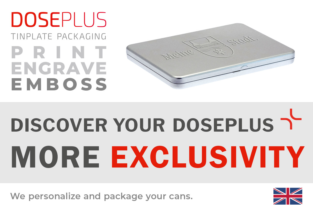 Doseplus flat silver metal tin with embossed city crest and the text “Meine Stadt.” Text: “Emboss, laser, print – Discover your Doseplus, more exclusivity.”
