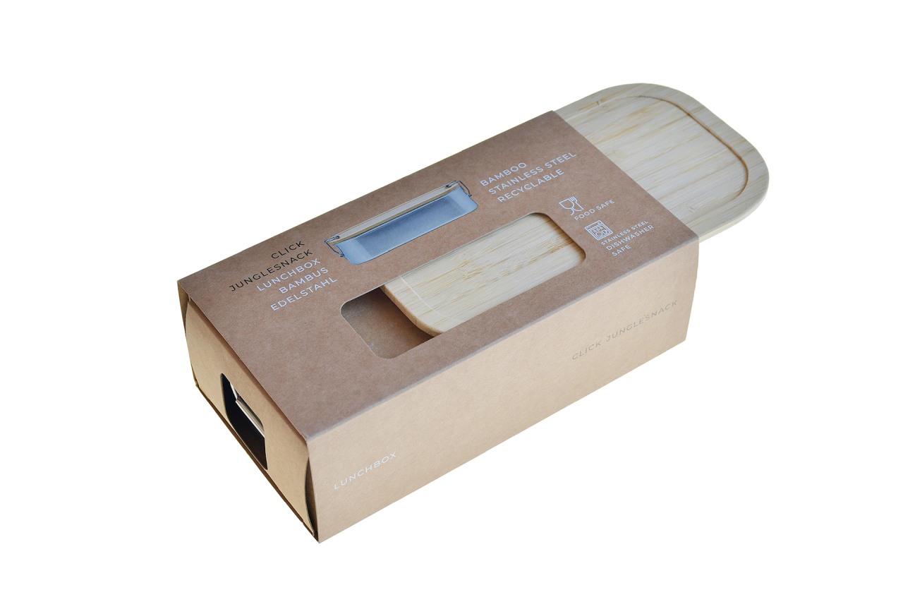Schrägansicht Verpackung Lunchbox Edelstahl mit Bambusdeckel – nachhaltiges Geschenk für Unternehmen
