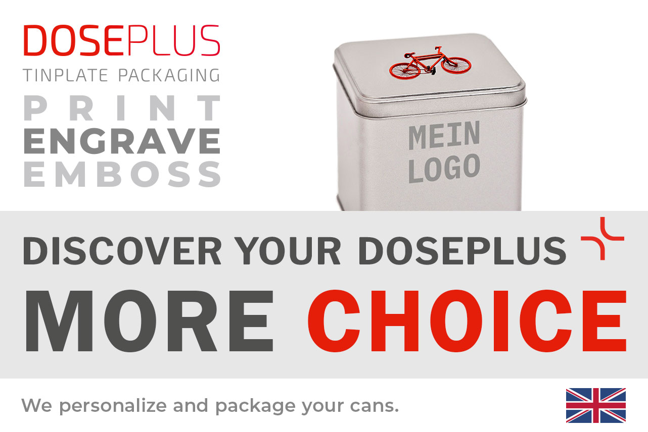 Doseplus silver rectangular metal tin with red bicycle print on the lid and grey “Mein Logo” text on the front. Text: “Emboss, laser, print – Discover your Doseplus, more variety.”