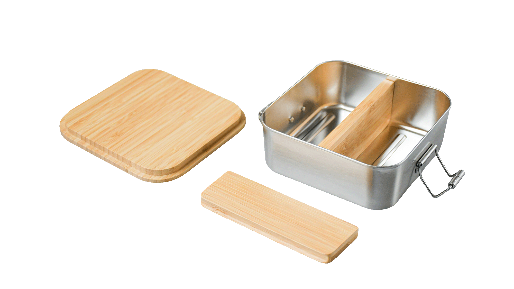 Bambus-Trennsteg 116x42x10 mm in Lunchbox eingesetzt – Zubehör für Edelstahl-Sandwichbox