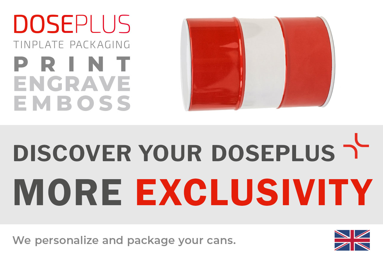 Doseplus round metal tin in red and white with glossy finish, shown in an exclusive design. Text: “Emboss, laser, print – Discover your Doseplus, more exclusivity.”