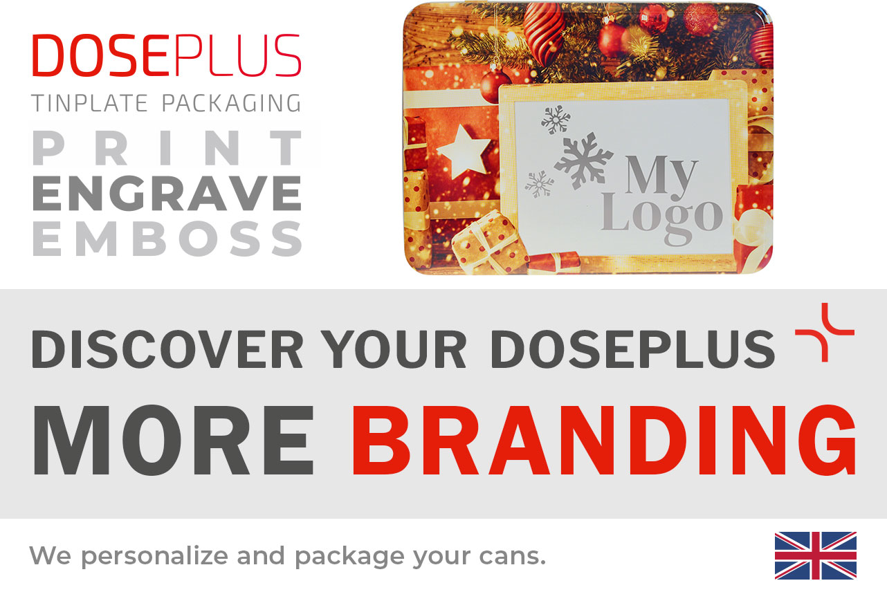 Rectangular Christmas tin WD 091 from Doseplus with festive design and customizable lid. Banner text: “Discover your Doseplus – more branding.” Premium tin packaging for personalized corporate gifts.