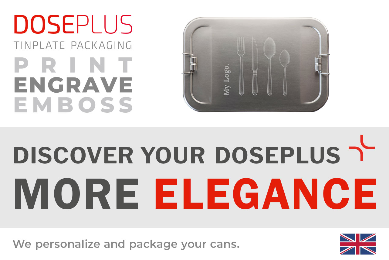 Slim rectangular metal tin CP ES C7 – Banner: Discover your Doseplus – More Elegance. Premium compact metal box for personalised branding and refined presentation.