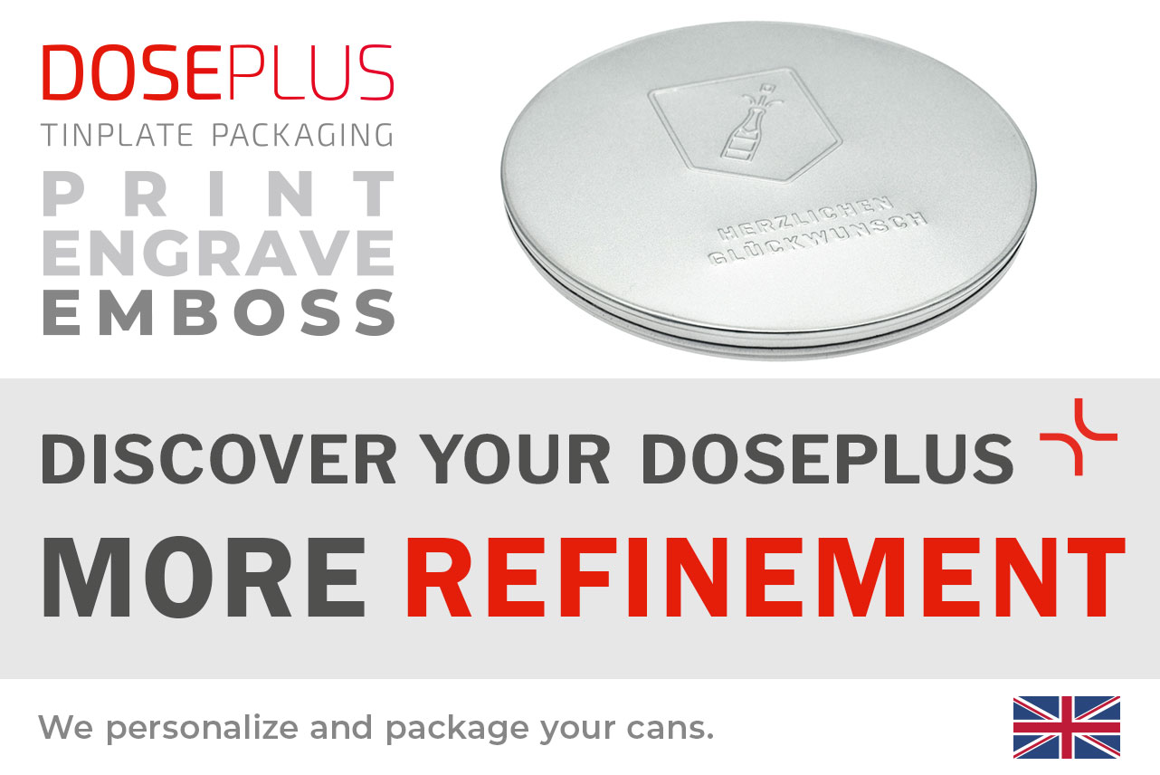 Doseplus round silver metal tin with embossed champagne bottle design and the words “Congratulations”. Text: “Emboss, laser, print – Discover your Doseplus, more refinement.”