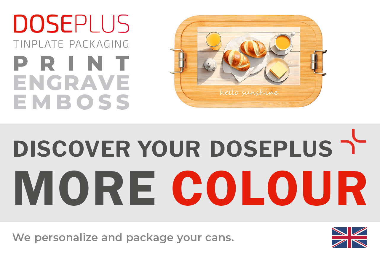 Stainless steel lunchbox CP BA C1 with bamboo lid – Banner: Discover your Doseplus – More Colour. Colourful premium box suitable for engraving and custom branding.