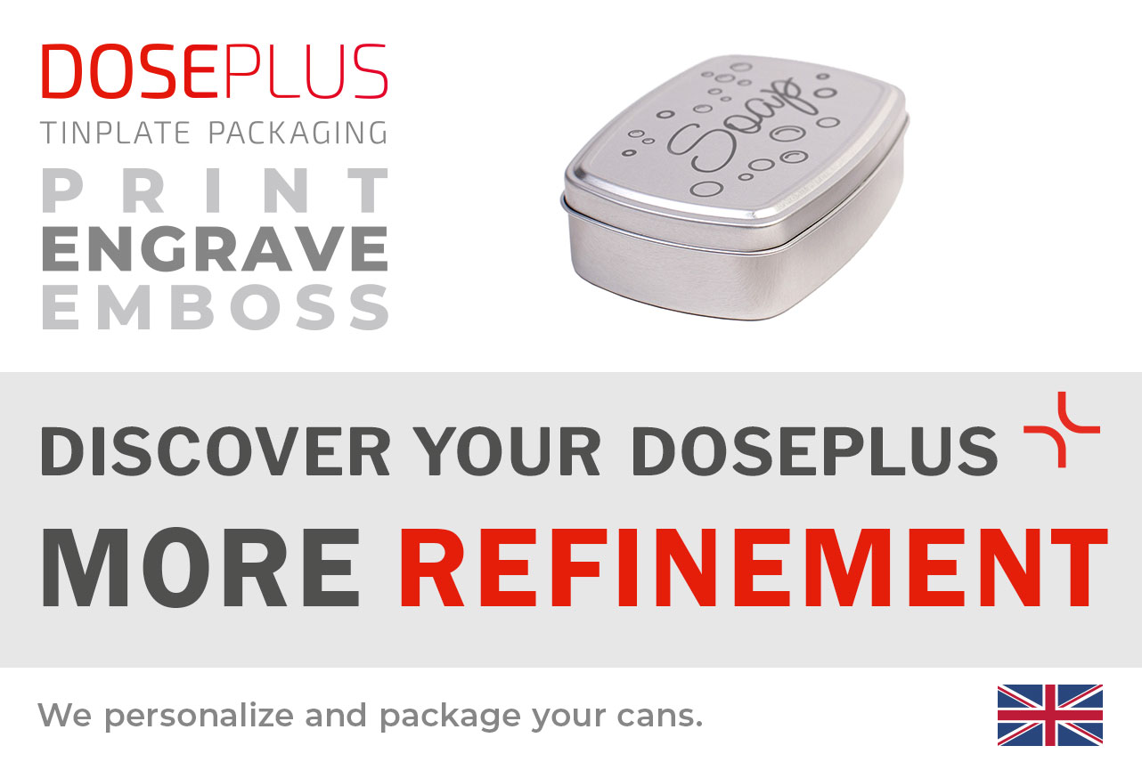 Doseplus aluminium soap tin DSS-015 – banner: Discover your Doseplus, more refinement. Durable aluminium case for solid soap and elegant bathroom storage.