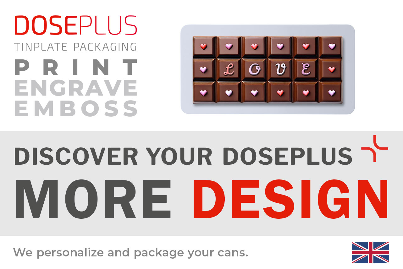 Doseplus chocolate metal tin CO-010 – banner text: Discover your Doseplus, more design. Sleek flat tin for personalised chocolate packaging and premium branded gifts.