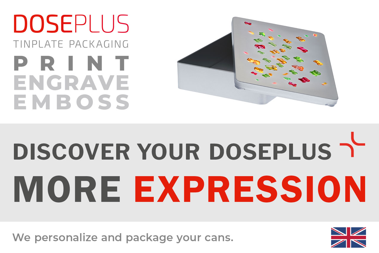 Doseplus rectangular metal gift tin – banner text: Discover your Doseplus, more expression. Premium printed tin box for creative and customizable packaging solutions.