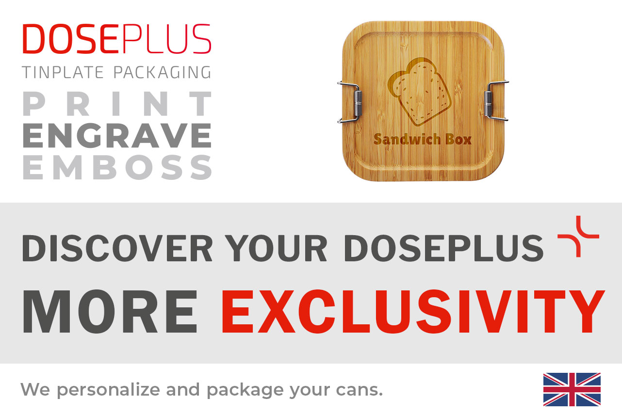 Rectangular bamboo lunchbox CP BA Q1 from Doseplus with engravable and printable surface. Banner text: “Discover your Doseplus – more exclusivity”. Premium sustainable lunchbox for customized corporate branding.