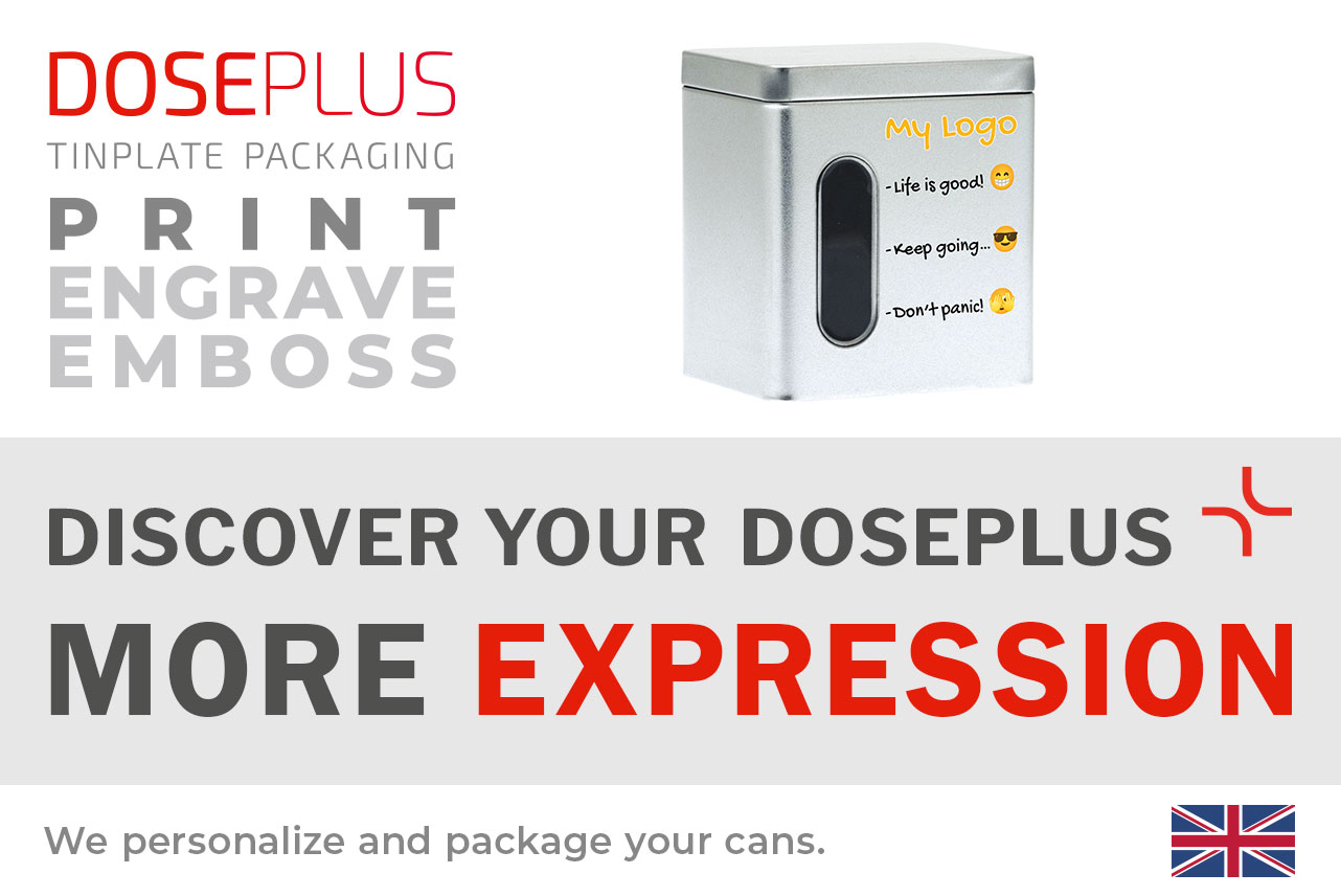 Rectangular storage tin DSA 010 with viewing window – Banner: Discover your Doseplus – More Expression. Premium metal container ideal for customised branding and finishing.